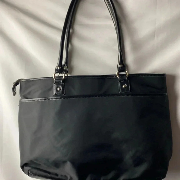 FRANKLIN COVEY VEGAN LEATHER BAG BLACK SILVER ACCENTS BLACK WHITE STRIPE LINING - Picture 12 of 12